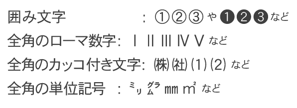禁則文字の以下種類，丸付き数字などの囲み文字，全角のローマ数字，カッコ株などのカッコ付き文字，ミリグラムなどの全角単位記号など